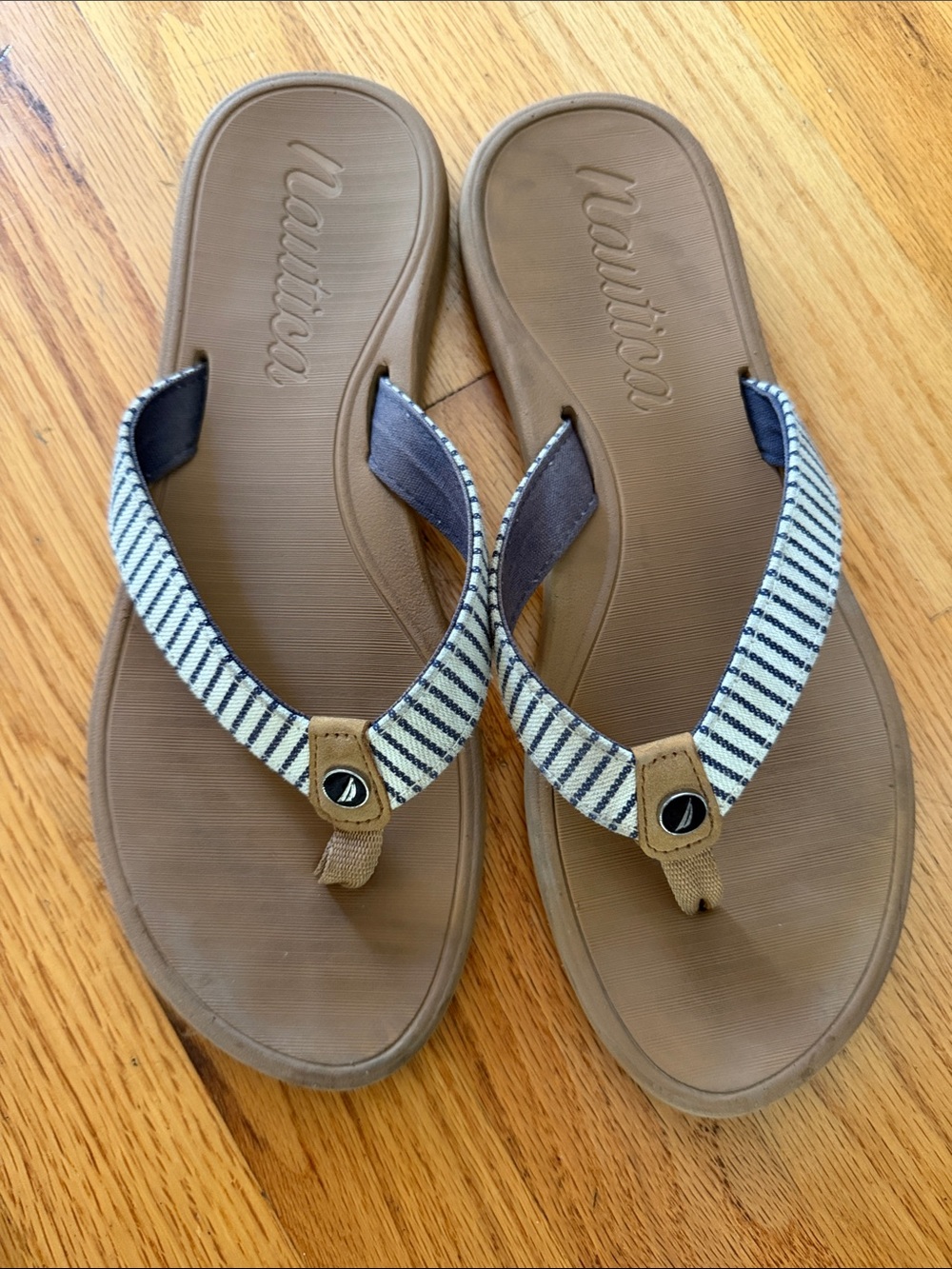 Nautica Brown Footbed Flip Flops with Navy-Striped Fabric Straps